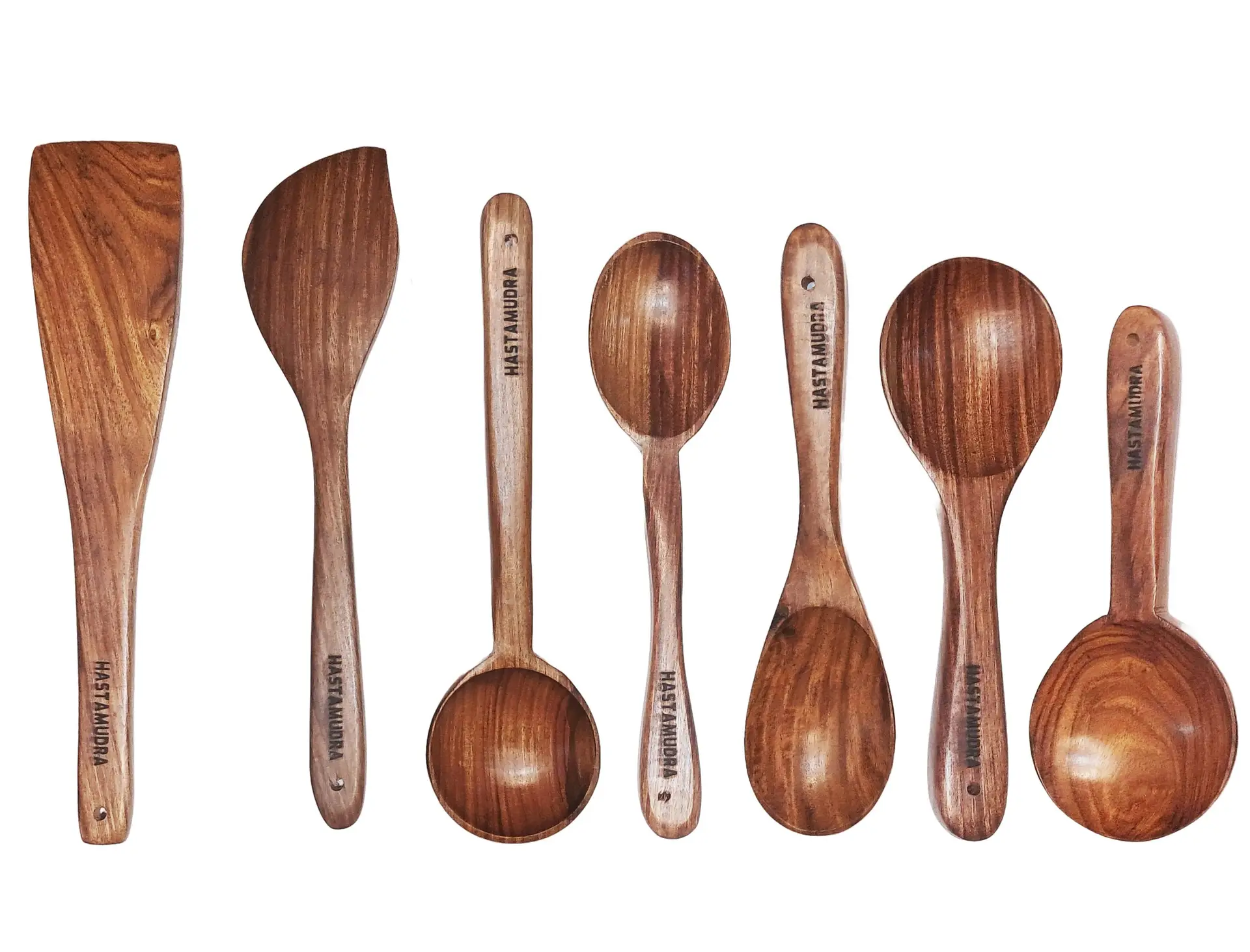 7 Piece Versatile Wooden Spoon Set for Cooking & Serving - Durable and Ideal for Home Chefs - No Added Color or Polish