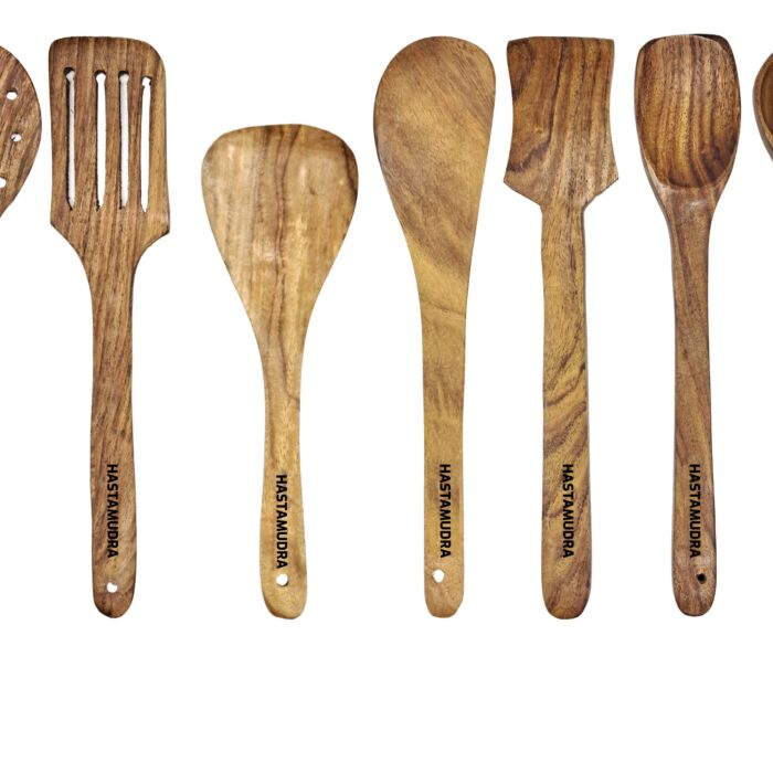 base 8 Piece Wooden Cooking & Serving Spoon Set - Includes Barrel - Nonstick and Perfect for Chapati, Dosa, Roti, Rice, Dal - No Added Color or Polish