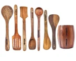 8 Piece Wooden Cooking & Serving Spoon Set - Includes Barrel - Nonstick and Perfect for Chapati, Dosa, Roti, Rice, Dal - No Added Color or Polish