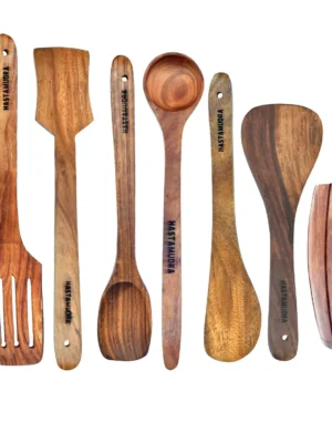 base-spoon-barrel 8 Piece Wooden Cooking & Serving Spoon Set - Includes Barrel - Nonstick and Perfect for Chapati, Dosa, Roti, Rice, Dal - No Added Color or Polish