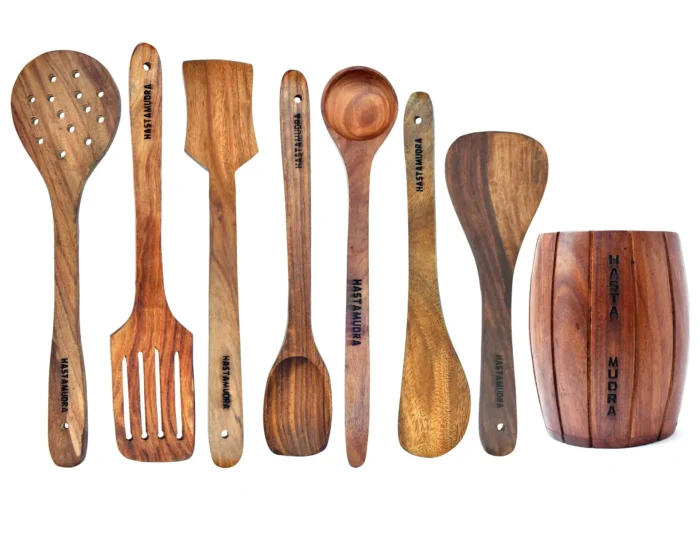 10 Piece Wooden Utensil Set Cooking and Serving Spoons Nonstick Wooden Spoons Chapati dosa Utensils Wooden Kitchen Tools Spoon Rest and Barrel Set Heavy Masher Included Natural Wood Kitchen Set
