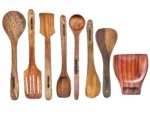 8 Piece Wooden Cooking & Serving Spoon Set - Includes Spoon Rest - Nonstick and Ideal for Chapati, Dosa, Roti, Rice, Dal - No Added Color or Polish