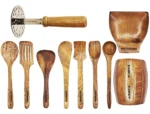 10 Piece Wooden Utensil Set Cooking and Serving Spoons Nonstick Wooden Spoons Chapati dosa Utensils Wooden Kitchen Tools Spoon Rest and Barrel Set Heavy Masher Included Natural Wood Kitchen Set