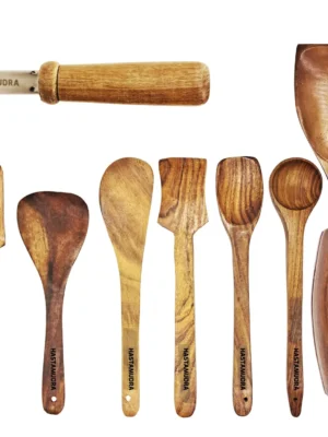 base-srmb 10 Piece Wooden Utensil Set Cooking and Serving Spoons Nonstick Wooden Spoons Chapati dosa Utensils Wooden Kitchen Tools Spoon Rest and Barrel Set Heavy Masher Included Natural Wood Kitchen Set