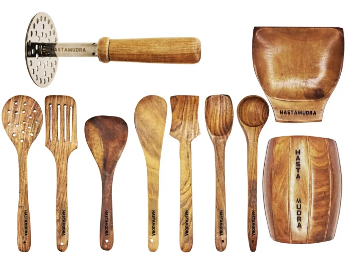 10 Piece Wooden Utensil Set Cooking and Serving Spoons Nonstick Wooden Spoons Chapati dosa Utensils Wooden Kitchen Tools Spoon Rest and Barrel Set Heavy Masher Included Natural Wood Kitchen Set
