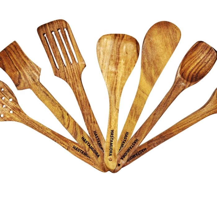 base2 8 Piece Wooden Cooking & Serving Spoon Set - Includes Barrel - Nonstick and Perfect for Chapati, Dosa, Roti, Rice, Dal - No Added Color or Polish