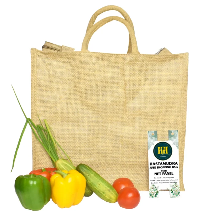hastamudra Eco-Friendly Jute Shopping Bag for grocery & daily shopping with Breathable Net Panel | Stylish, Durable, and Can Carry Up to 5kg | Tote Bag
