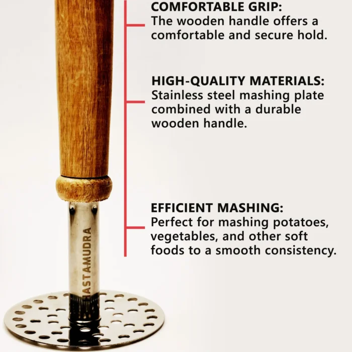 masher-02 Stainless Steel Masher with Wooden Handle, 20cm Height, 10cm Width, Comfortable Grip, Easy to Clean, Efficient Mashing, Aesthetic Design
