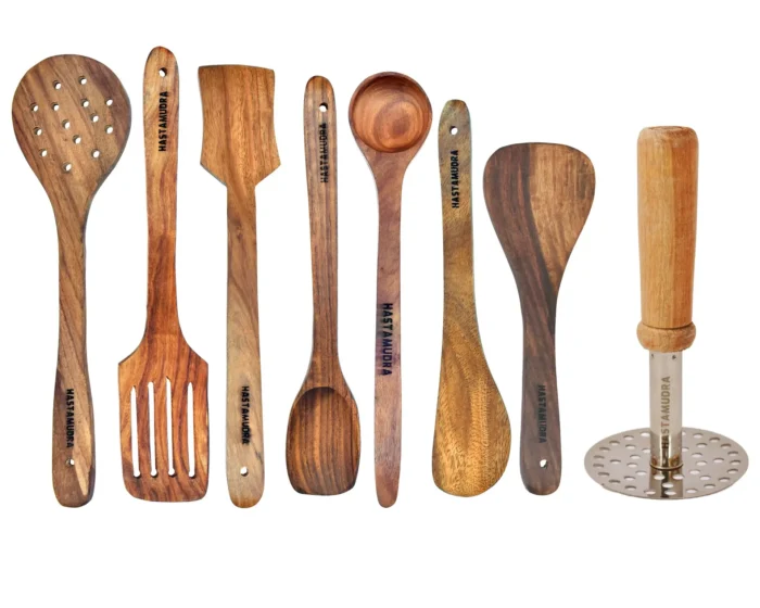 10 Piece Wooden Utensil Set Cooking and Serving Spoons Nonstick Wooden Spoons Chapati dosa Utensils Wooden Kitchen Tools Spoon Rest and Barrel Set Heavy Masher Included Natural Wood Kitchen Set