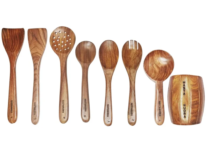 base-barrel 8 Piece Wooden Spoon Set for Cooking & Serving - Nonstick, Ideal for Chapati, Dosa, Roti, Rice, Dal, Frying, and Noodles - Includes Barrel - No Added Color or Polish