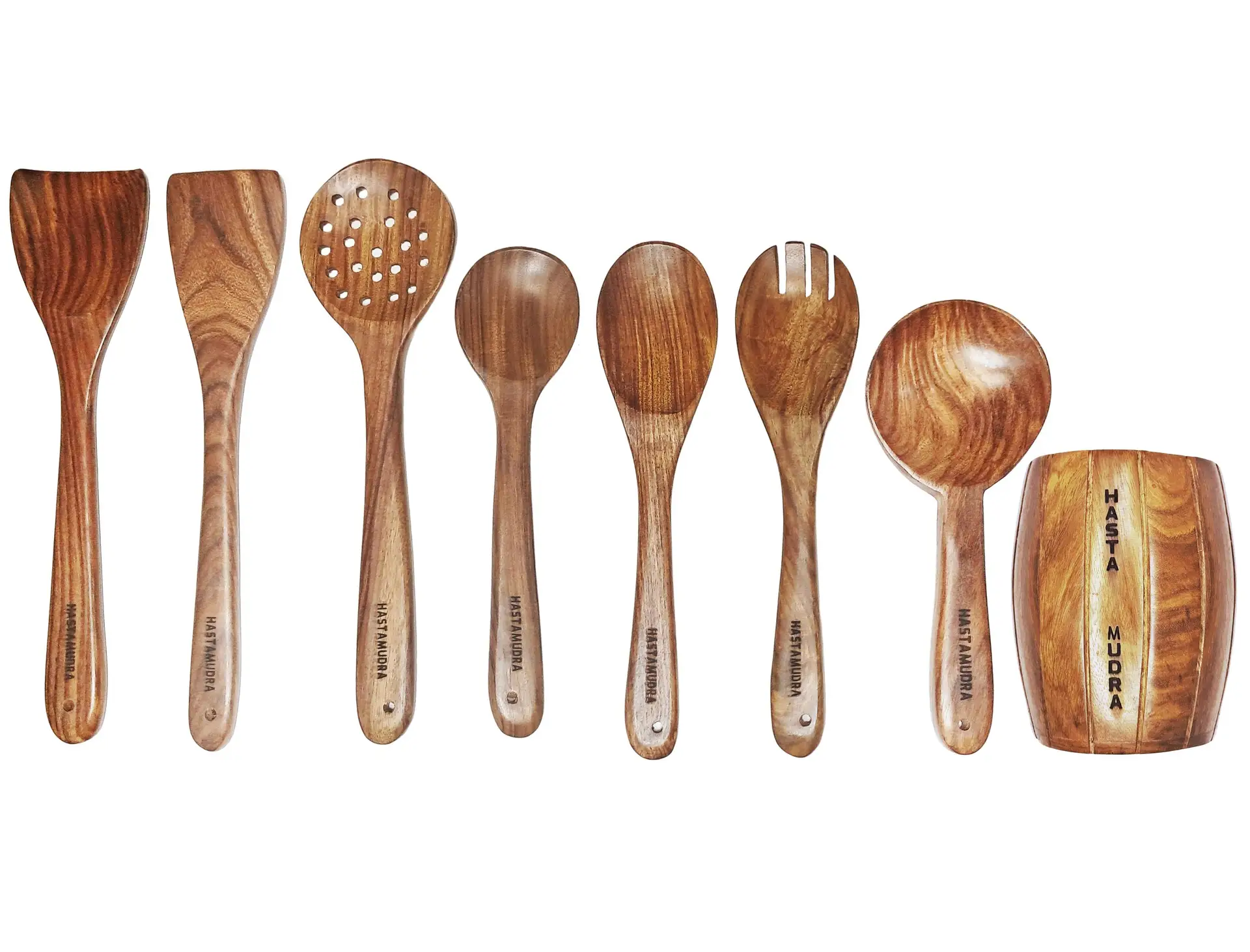 8 Piece Wooden Spoon Set for Cooking & Serving - Nonstick, Ideal for Chapati, Dosa, Roti, Rice, Dal, Frying, and Noodles - Includes Barrel - No Added Color or Polish
