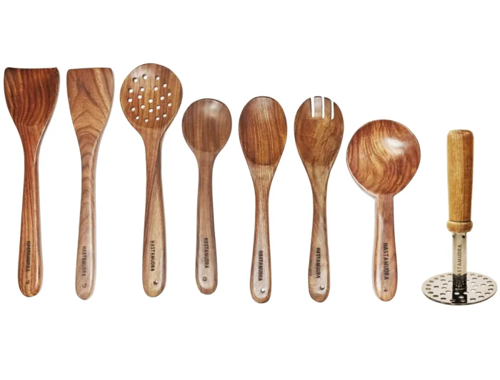 base-masher 10 Piece Wooden Spoon Set for Cooking & Serving - Nonstick, Ideal for Chapati, Dosa, Rice, Dal, Frying - Includes Barrel, Spoon Rest, and Masher