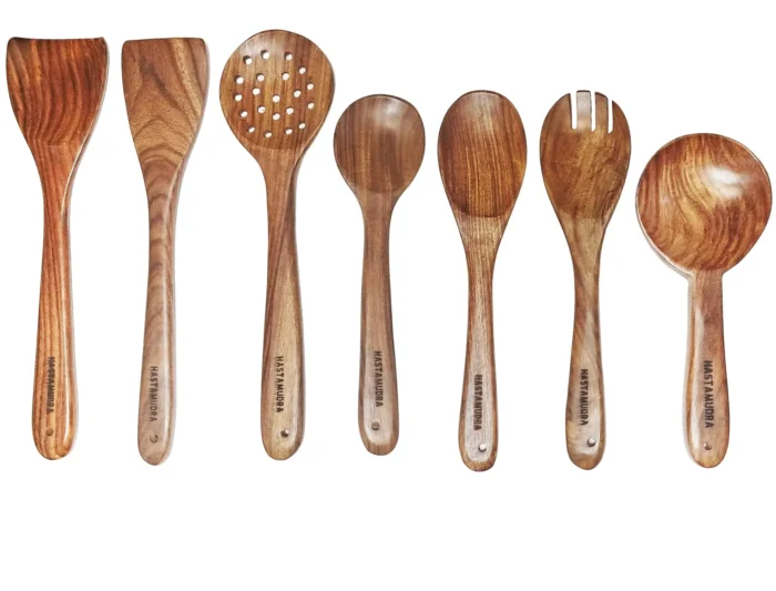 base 8 Piece Wooden Spoon Set for Cooking & Serving - Nonstick, Ideal for Chapati, Dosa, Roti, Rice, Dal, Frying, and Noodles - Includes Barrel - No Added Color or Polish