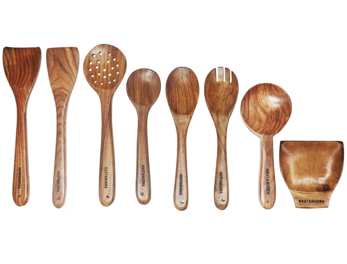 base-spoon-rest 8 Piece Wooden Spoon Set for Cooking & Serving - Nonstick, Ideal for Chapati, Dosa, Roti, Rice, Dal, Frying, and Noodles - Includes Spoon Spatula Rest
