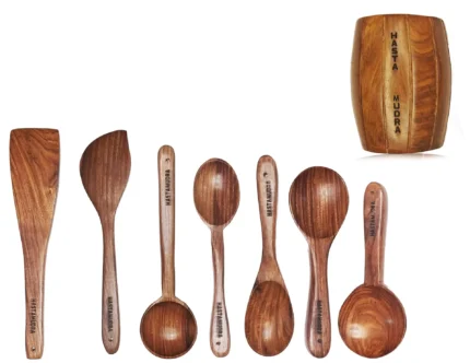 8 Piece Premium Wooden Spoon Set with Barrel - Versatile, Durable, and Ideal for Cooking & Serving - No Added Color or Polish