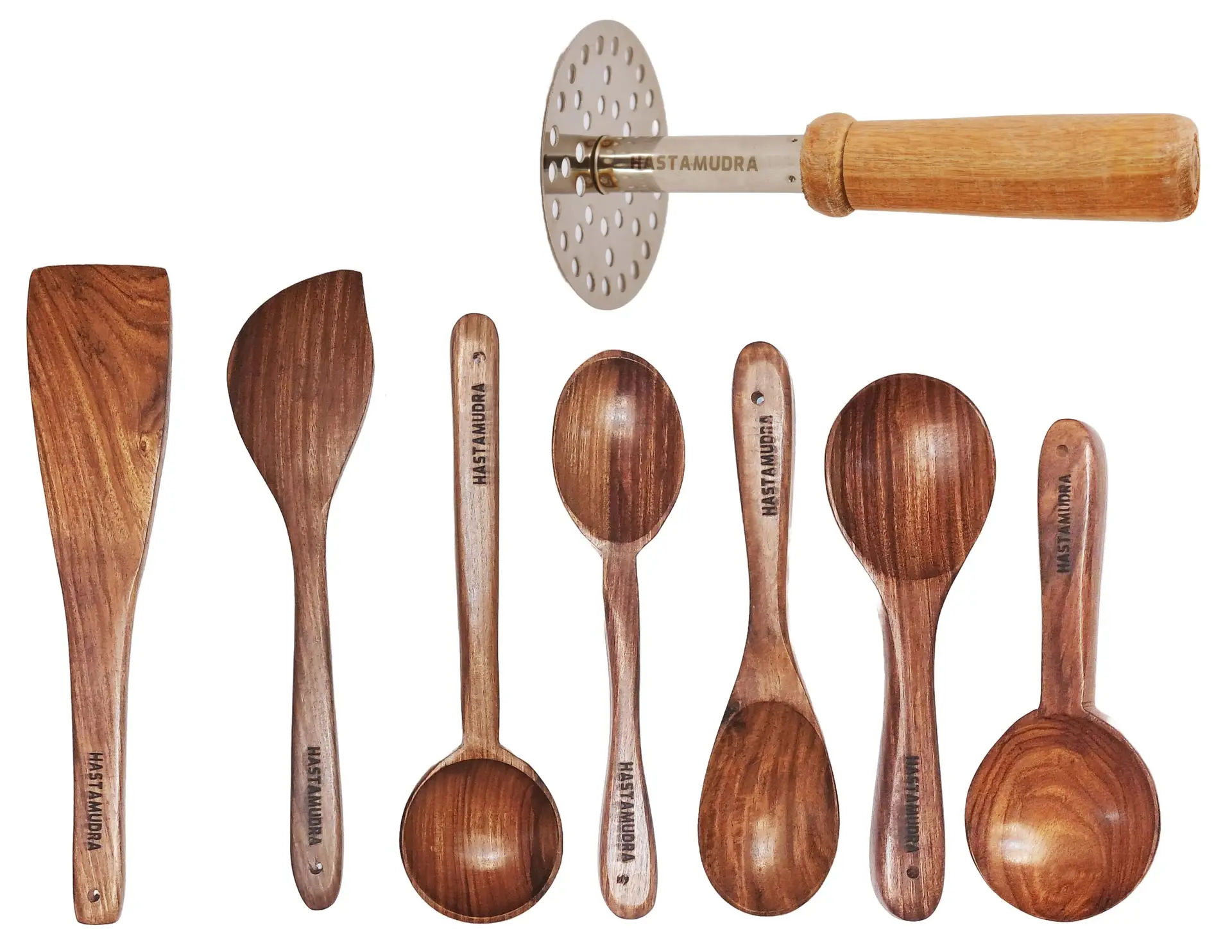 premium-wooden-spoons-with-masher 8 Piece Wooden Spoon Set with Heavy Masher - Versatile, Durable, and Perfect for Cooking & Serving - No Added Color or Polish - Image 1