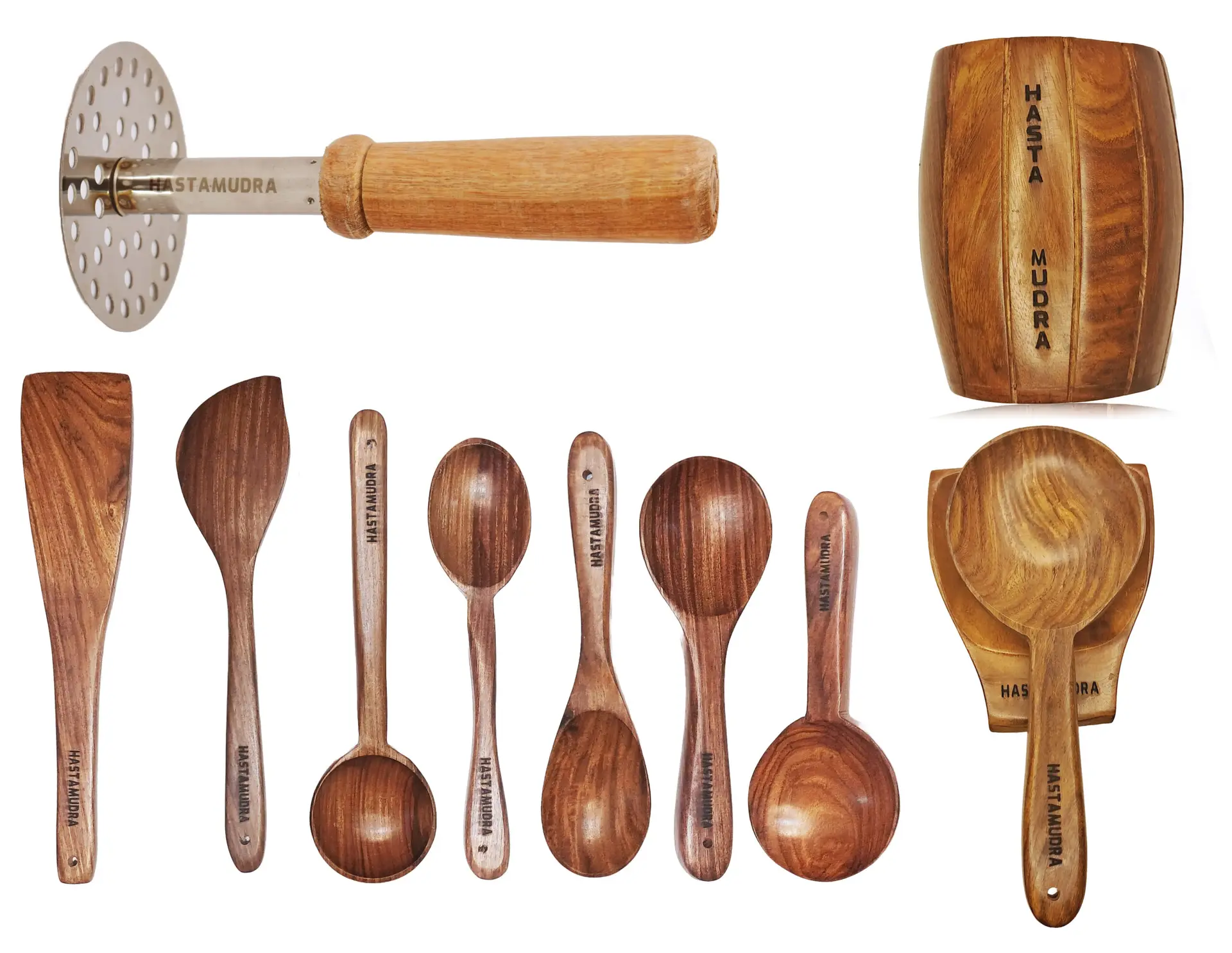 Hastamudra 10 Piece Wooden Spoon Set - Includes Barrel, Spoon Rest, and Heavy Masher - Versatile and Durable for All Cooking Needs