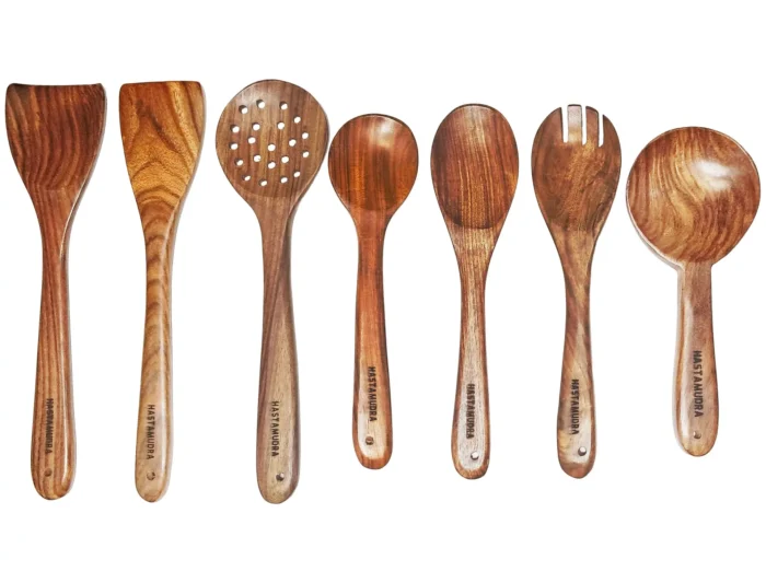 spoon-set-best 8 Piece Wooden Spoon Set for Cooking & Serving - Nonstick, Ideal for Chapati, Dosa, Roti, Rice, Dal, Frying, and Noodles - Includes Barrel - No Added Color or Polish