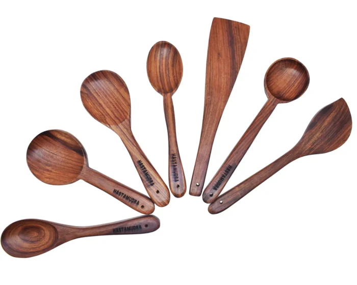 7 Piece Versatile Wooden Spoon Set for Cooking & Serving - Durable and Ideal for Home Chefs - No Added Color or Polish