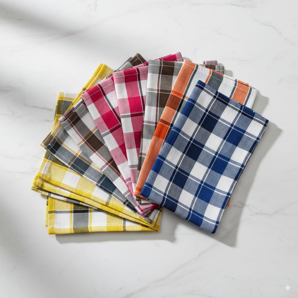 Hastamudra Pure Cotton 8 Piece Check Style Multipurpose Kitchen & Cleaning Cloth | 100% Cotton | 21 x 21 Inches | 400 Gram Easy Clean Quick Dry 180 GSM Designer Napkin