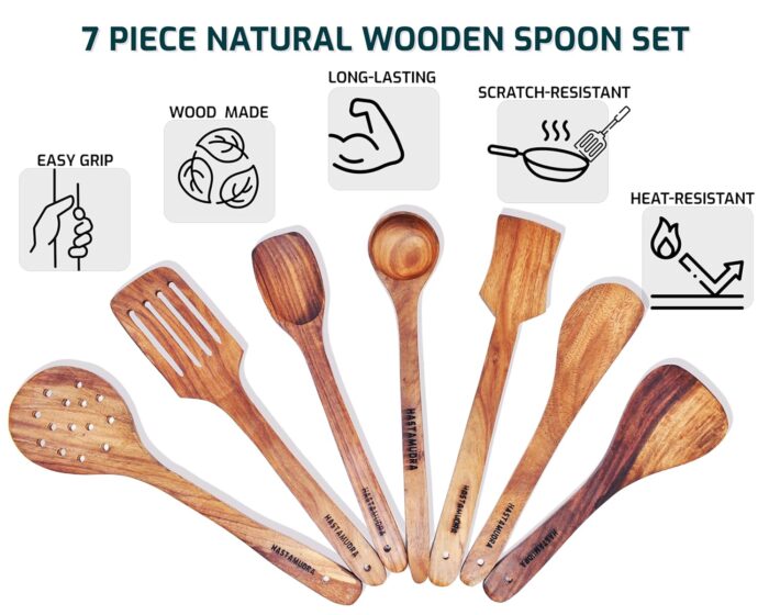 81A4e7BnhCL._SL1500_ 8 Piece Wooden Cooking & Serving Spoon Set - Includes Heavy Bhaji/Potato Masher - Nonstick and Perfect for Chapati, Dosa, Roti, Rice, Dal - No Added Color or Polish